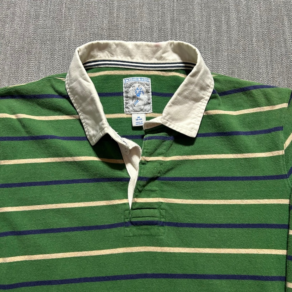 VTG Lands End Rugby Shirt Mens M Green Striped Long Sleeve Contrast Collar - Picture 2 of 9
